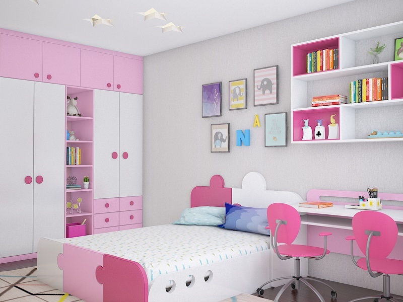 thiết kế phòng ngủ màu hồng cho bé gái