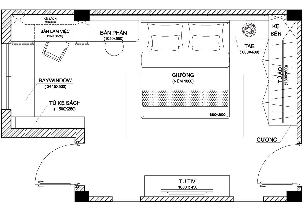 Thiết kế cải tạo nội thất nhà phố quận Phú Nhuận - Mặt bằng phòng ngủ