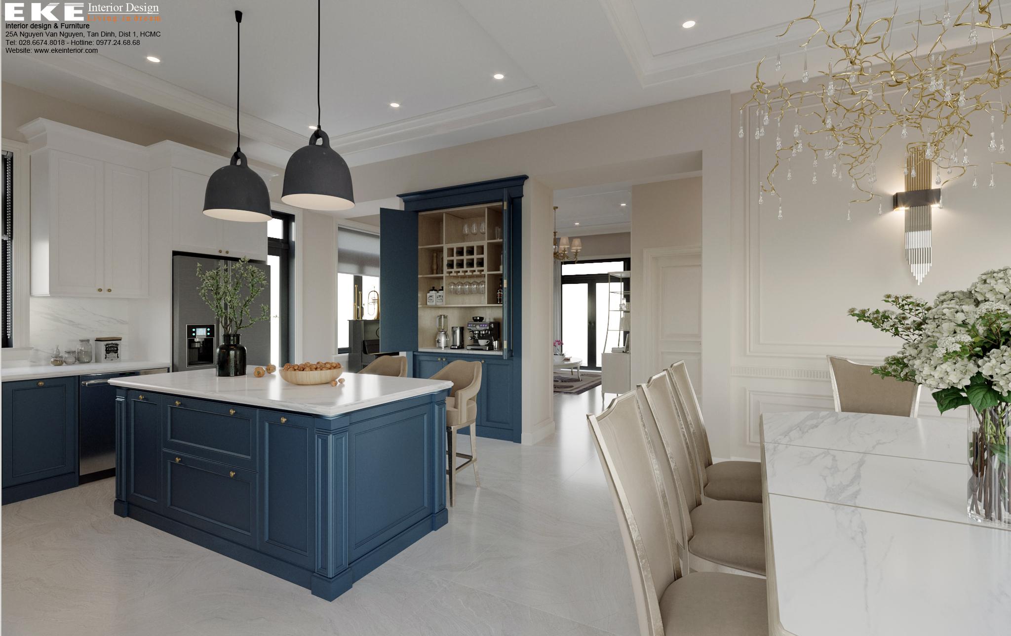 Thiết kế nội thất biệt thự bán cổ điển tại đà lạt-Phòng bếp màu xanh dương